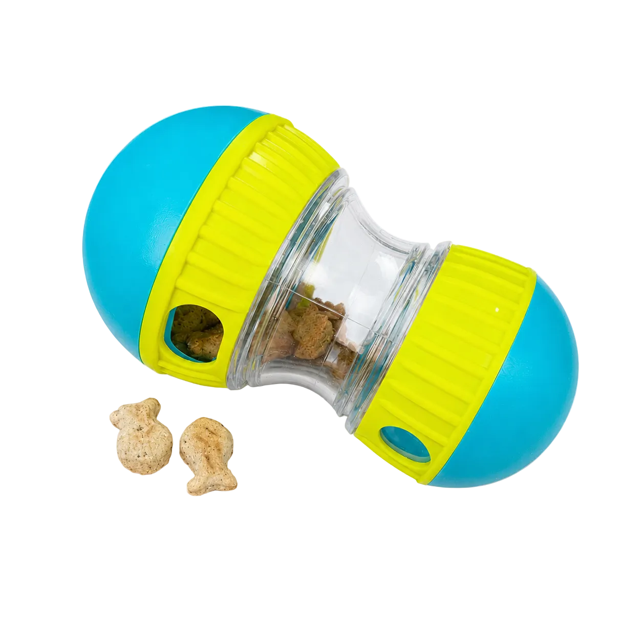Tumbly interactive dog treat ball slow feeder toy in red and blue