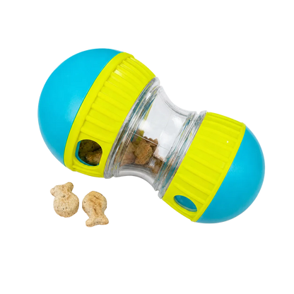Tumbly interactive dog treat ball slow feeder toy in red and blue