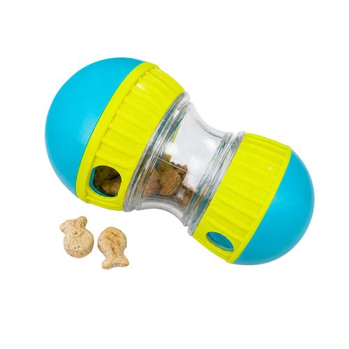Tumbly interactive dog treat ball slow feeder toy in red and blue